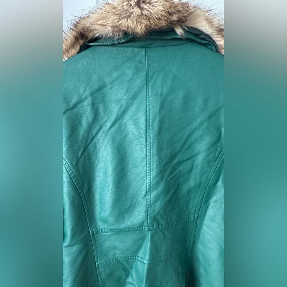 New York & Company Emerald Green Faux Leather Moto Jacket with Faux Fur Trim - Picture 6 of 14